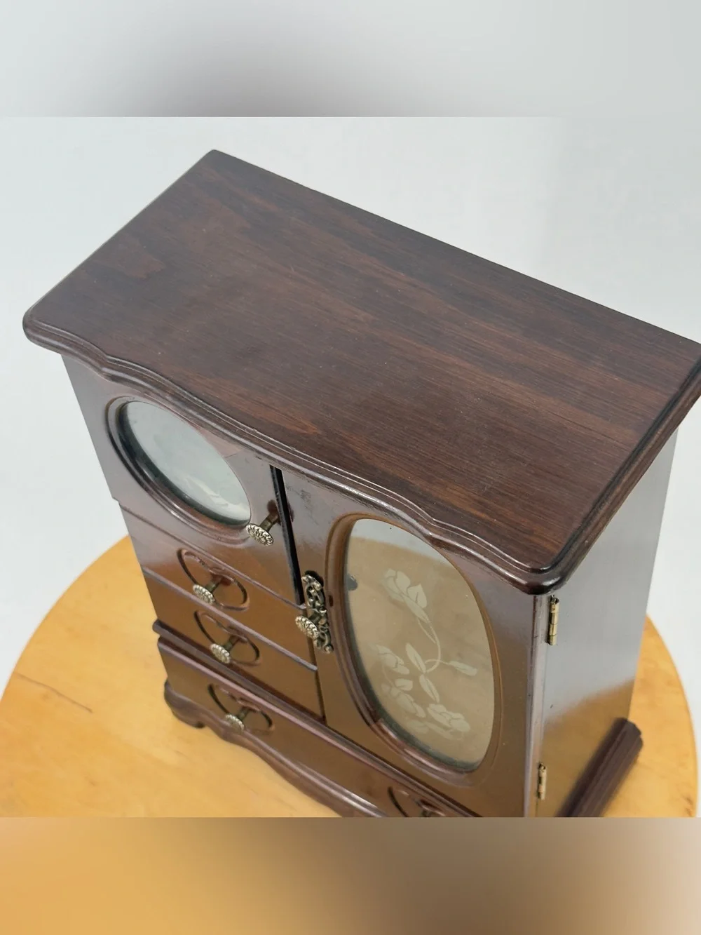 Wooden Heart-Drawer Jewelry Box with Mirrored Door - Dark Brown